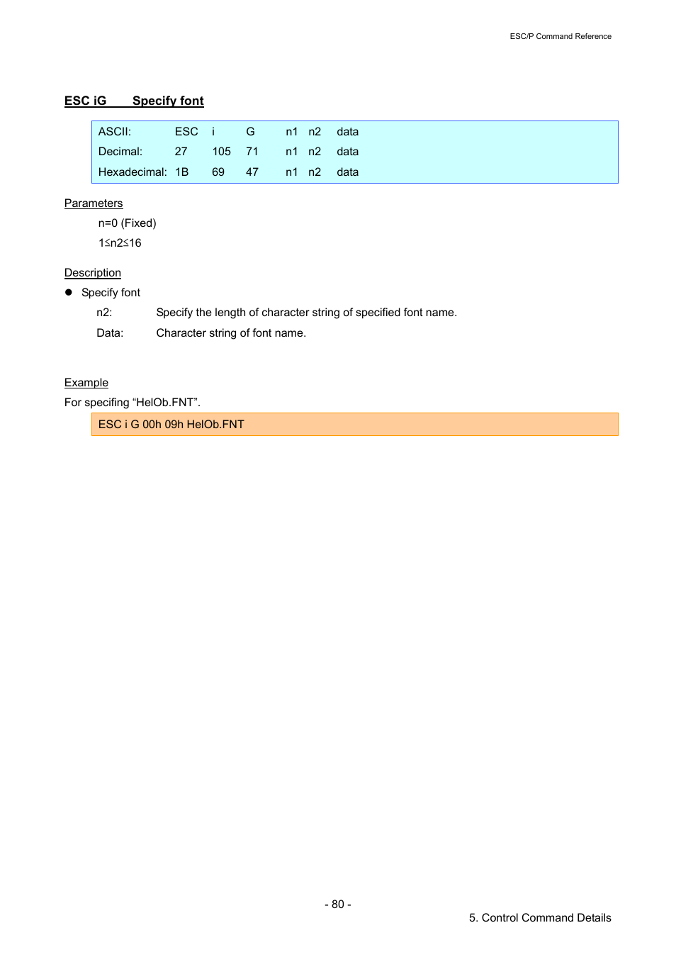 Esc ig specify font, Esc ig, Specify font | Brother RJ-4040 User Manual | Page 86 / 116