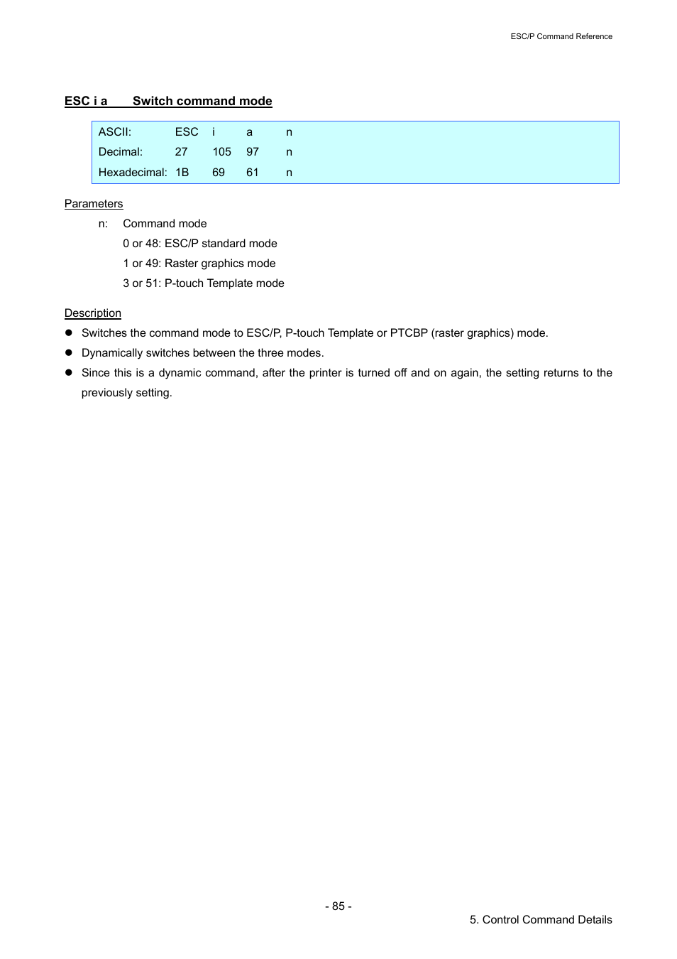 Esc i a switch command mode, Esc i a, Switch command mode | Brother RJ-4040 User Manual | Page 91 / 116