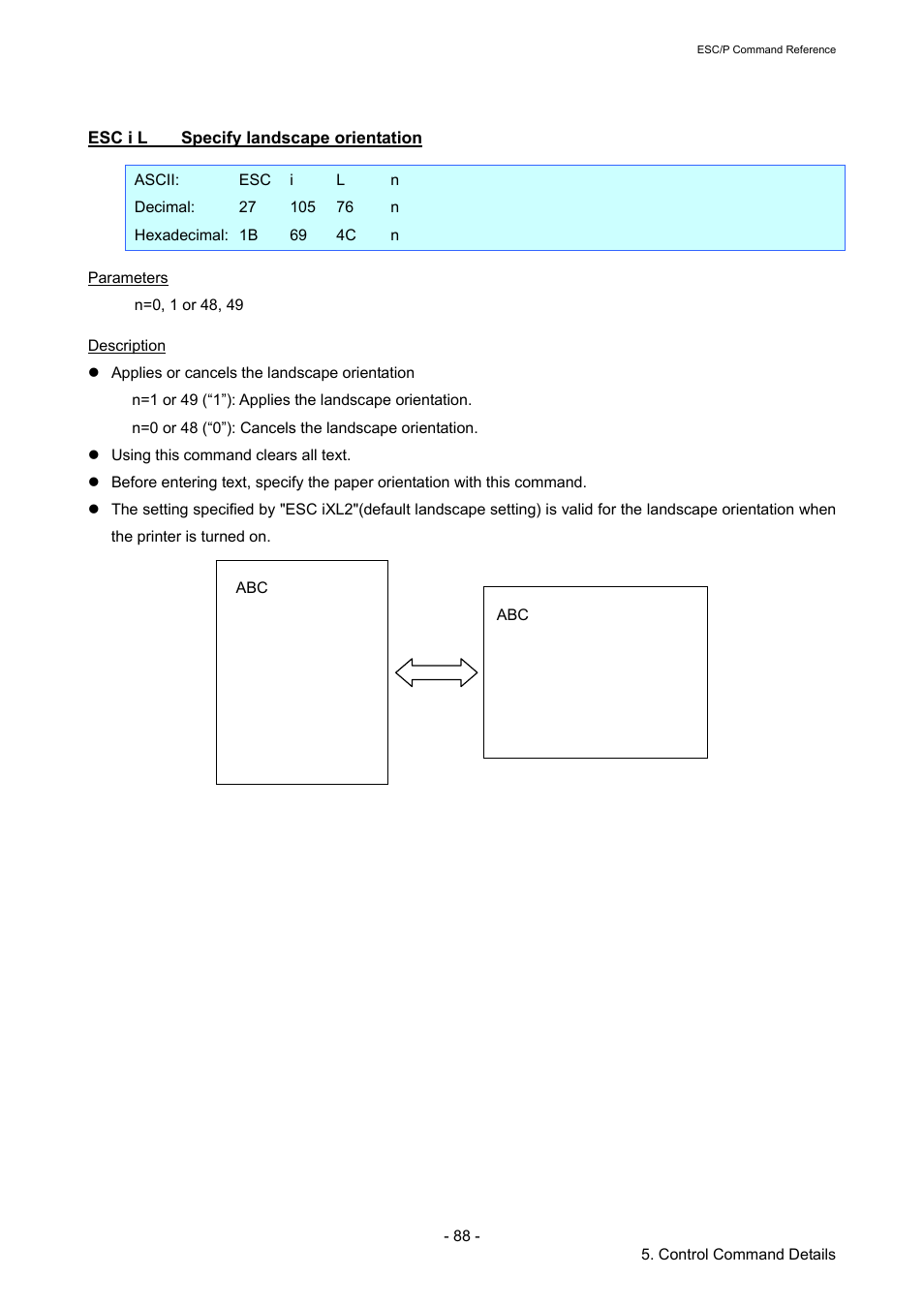 Esc i l specify landscape orientation, Esc i l, Specify landscape orientation | Brother RJ-4040 User Manual | Page 94 / 116