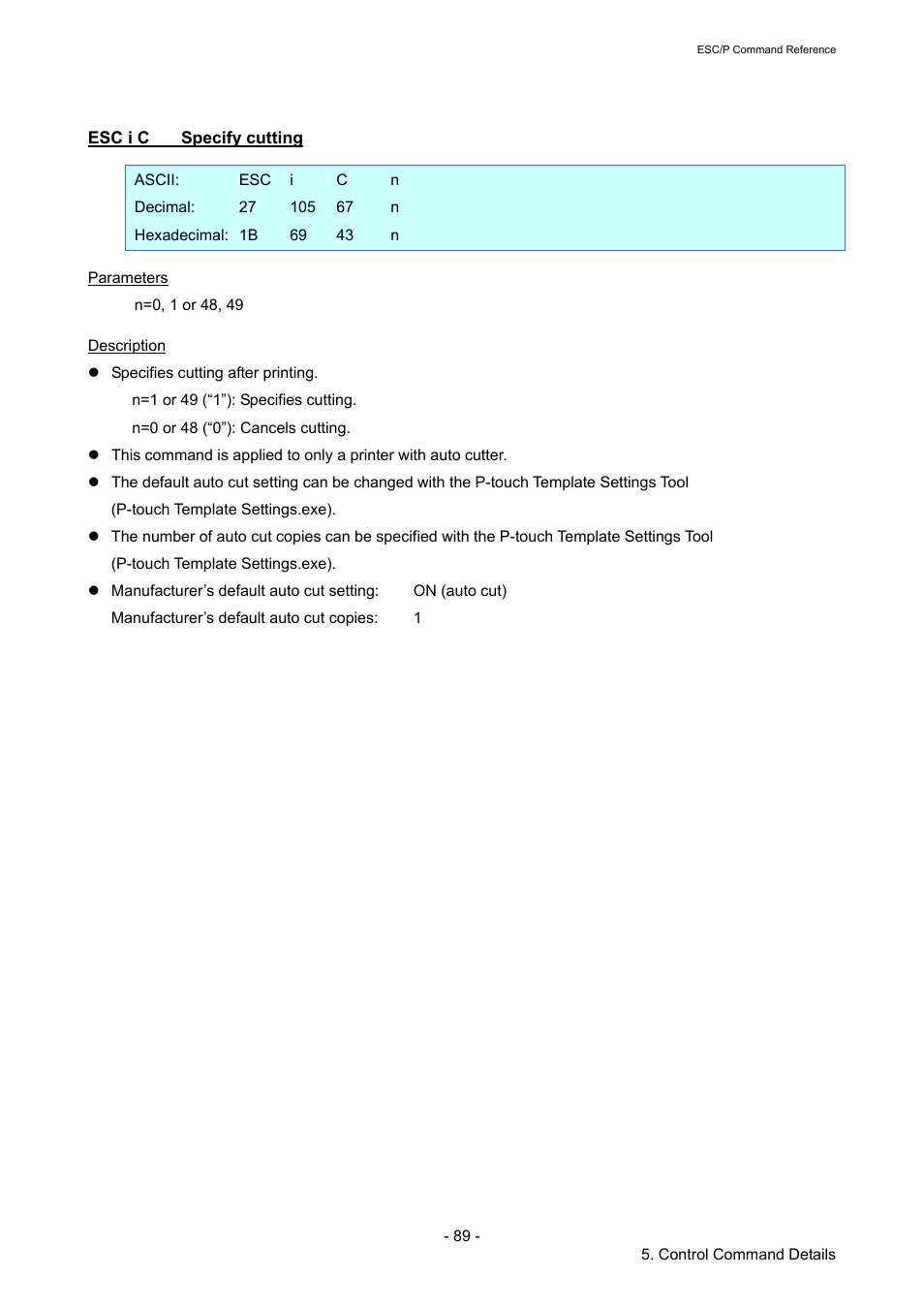 Esc i c specify cutting, Esc i c, Specify cutting | Brother RJ-4040 User Manual | Page 95 / 116