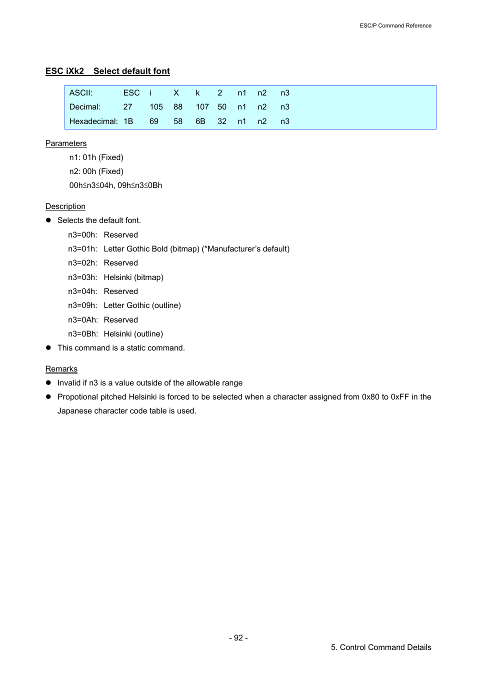 Esc ixk2 select default font, Esc ixk2, Select default font | Brother RJ-4040 User Manual | Page 98 / 116