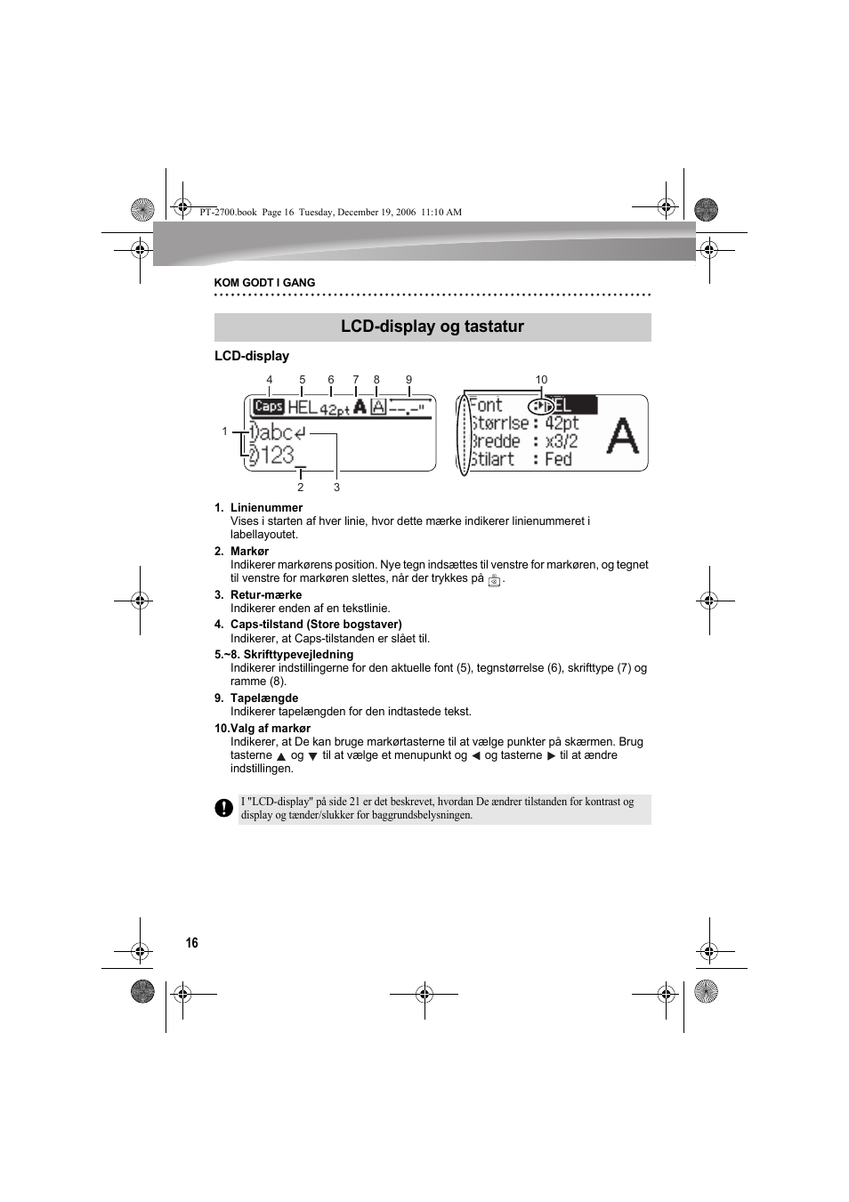 Lcd-display og tastatur | Brother PT-2700 User Manual | Page 17 / 62