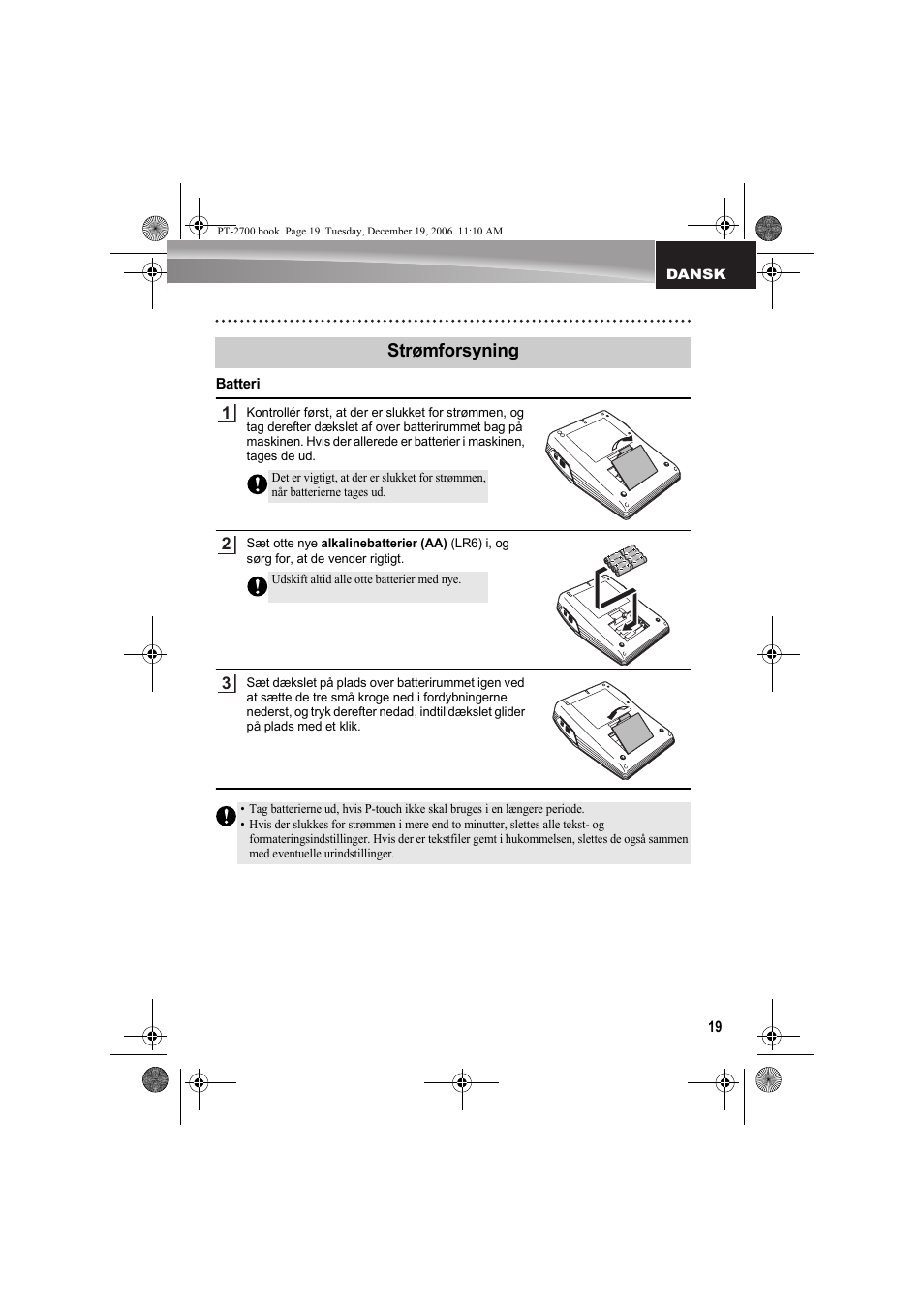 Strømforsyning | Brother PT-2700 User Manual | Page 20 / 62