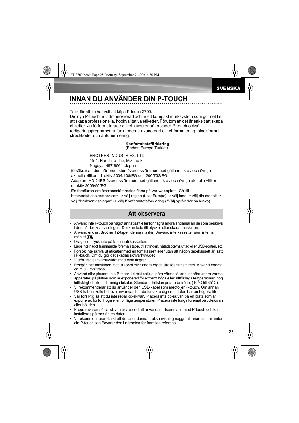 Svenska, Innan du använder din p-touch, Att observera | Brother PT-2700 User Manual | Page 26 / 62