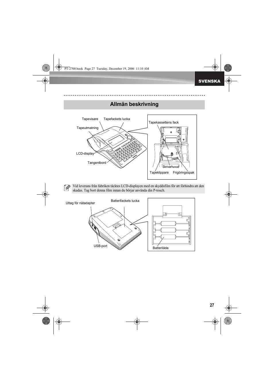 Allmän beskrivning | Brother PT-2700 User Manual | Page 28 / 62