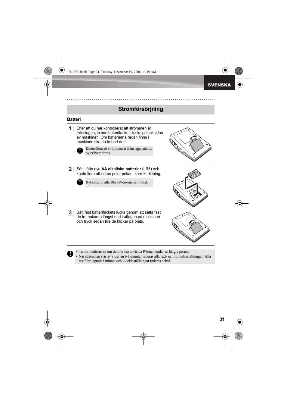 Strömförsörjning | Brother PT-2700 User Manual | Page 32 / 62