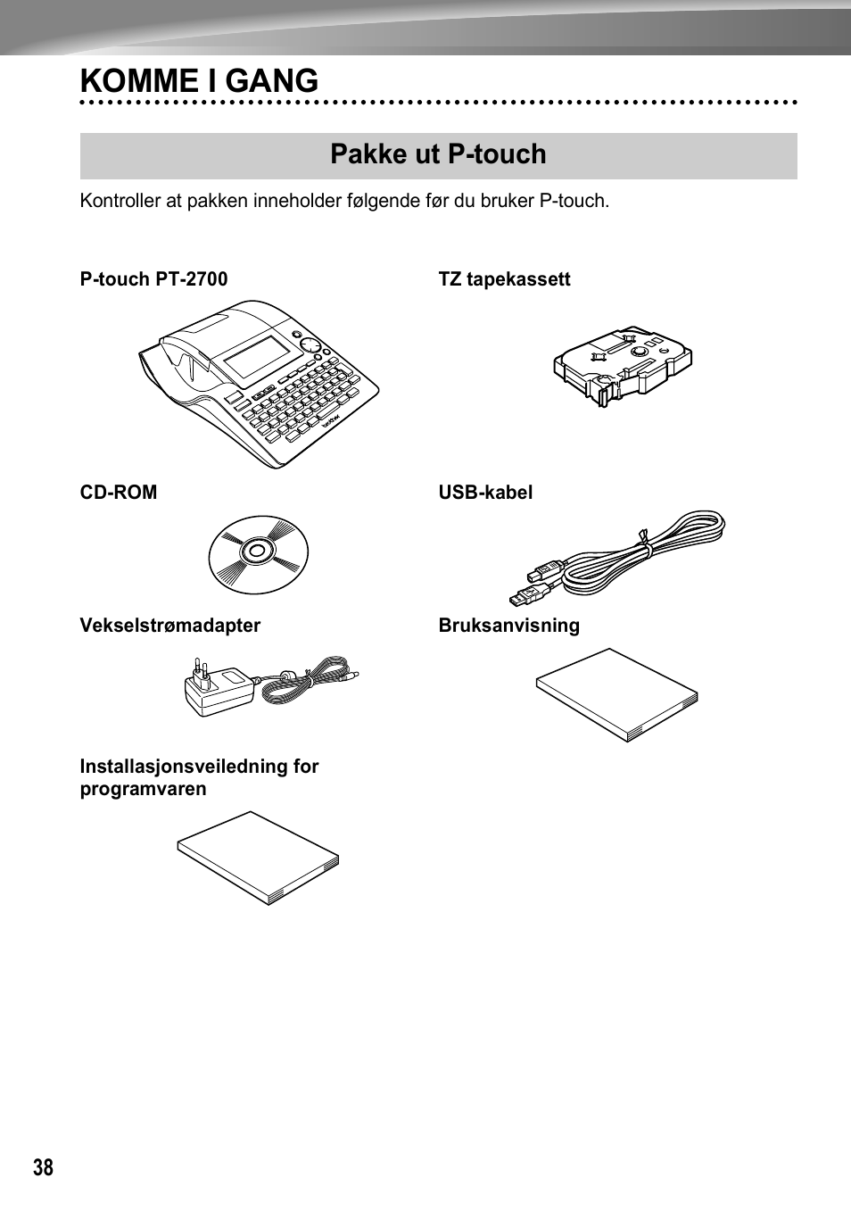 Komme i gang, Pakke ut p-touch | Brother PT-2700 User Manual | Page 39 / 62