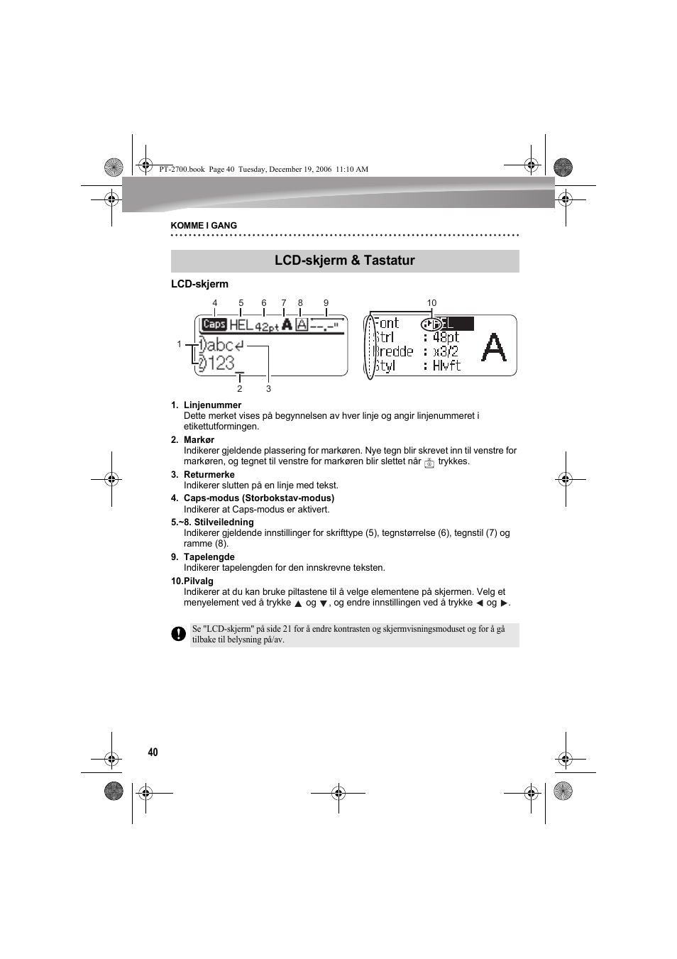 Lcd-skjerm & tastatur | Brother PT-2700 User Manual | Page 41 / 62