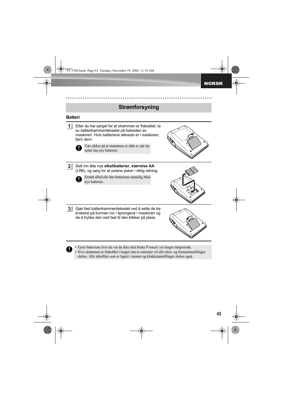 Strømforsyning | Brother PT-2700 User Manual | Page 44 / 62