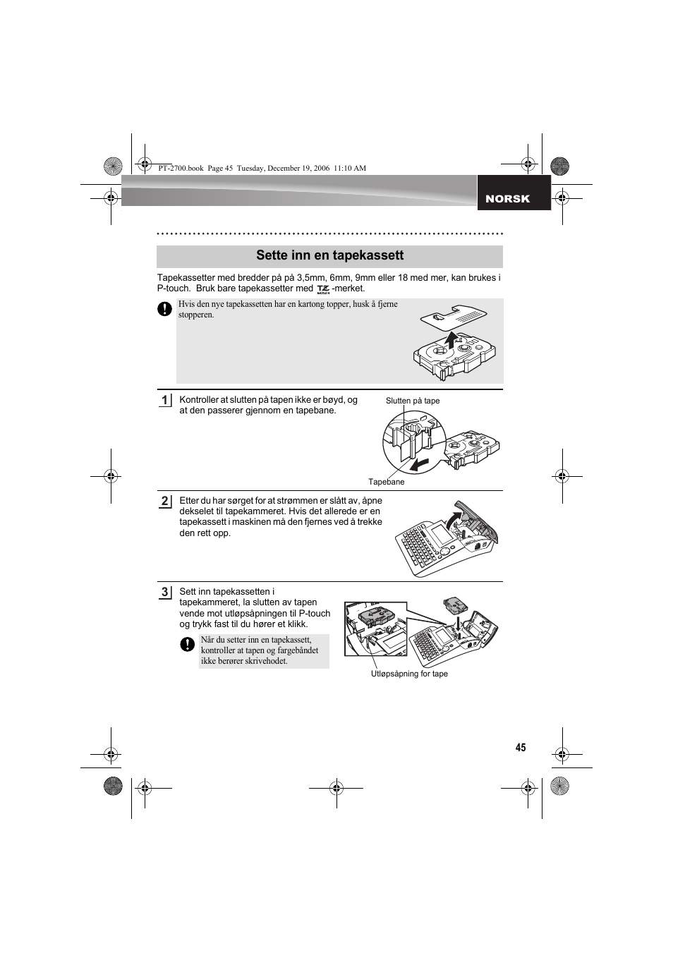 Sette inn en tapekassett | Brother PT-2700 User Manual | Page 46 / 62