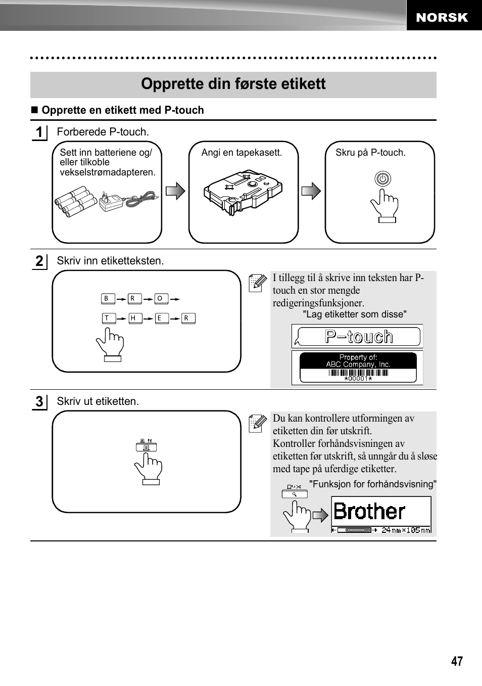 Opprette din første etikett | Brother PT-2700 User Manual | Page 48 / 62