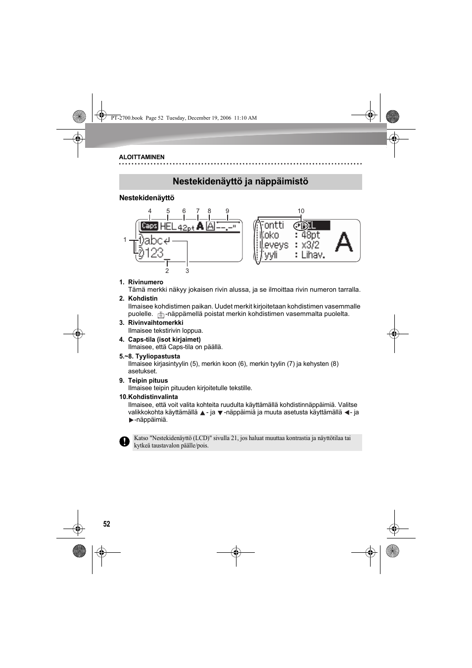 Nestekidenäyttö ja näppäimistö | Brother PT-2700 User Manual | Page 53 / 62