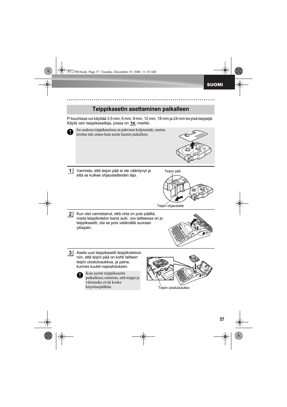 Teippikasetin asettaminen paikalleen | Brother PT-2700 User Manual | Page 58 / 62
