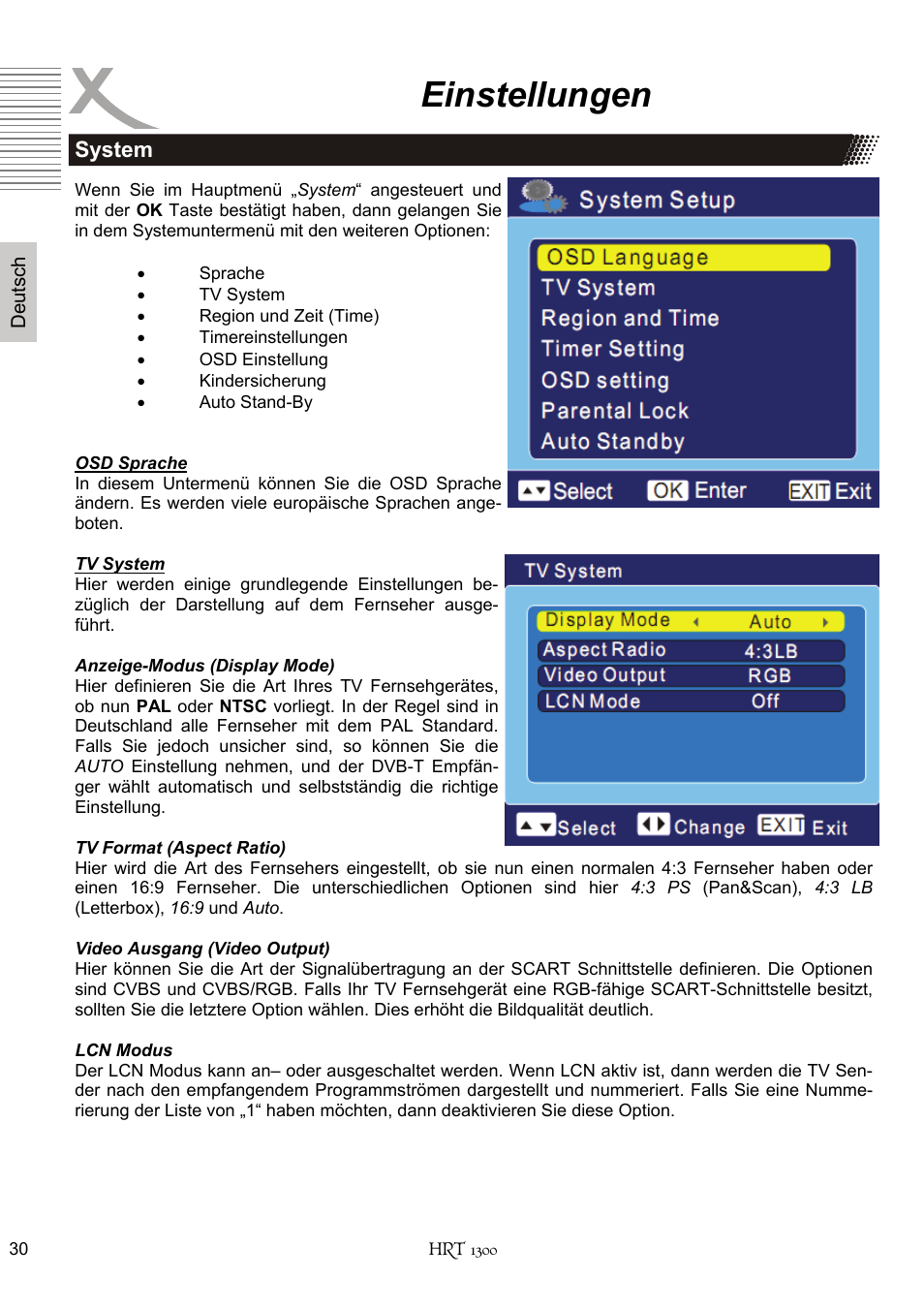 Einstellungen | Xoro HRT 1300 User Manual | Page 30 / 120