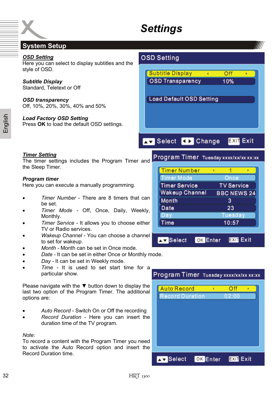 Settings | Xoro HRT 1300 User Manual | Page 72 / 120