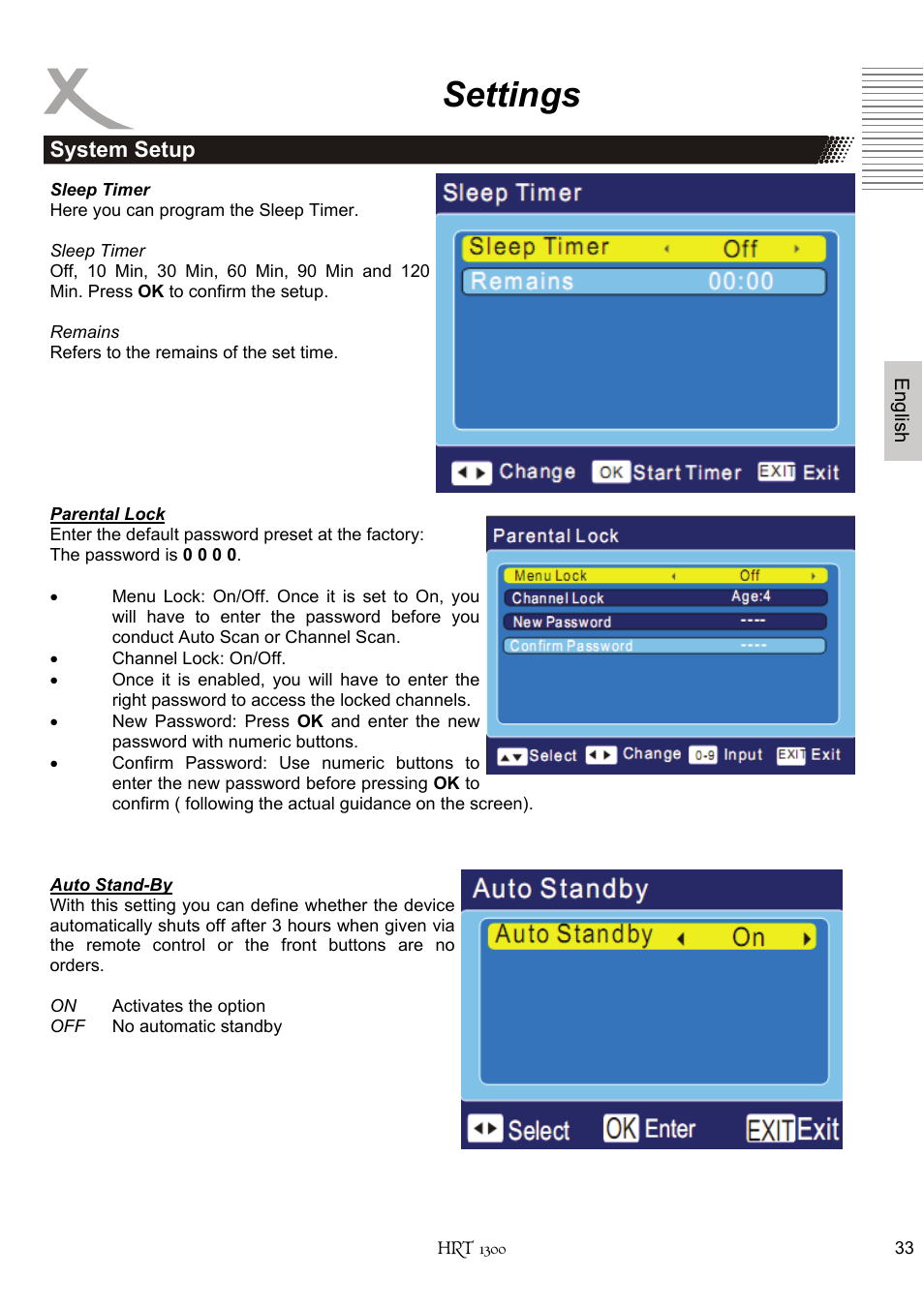 Settings | Xoro HRT 1300 User Manual | Page 73 / 120