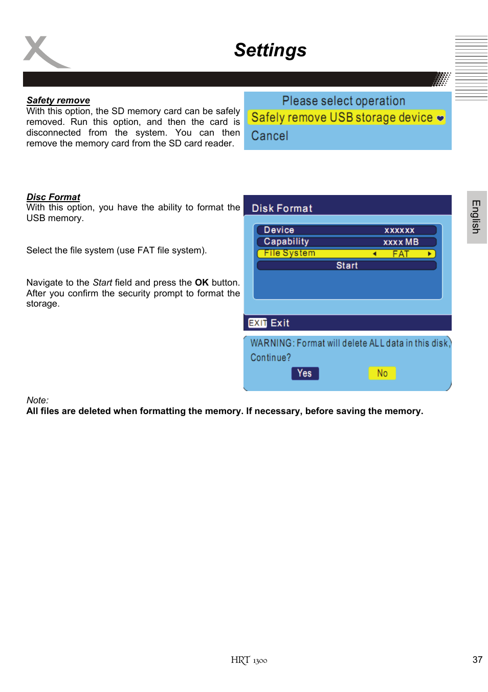 Settings | Xoro HRT 1300 User Manual | Page 77 / 120