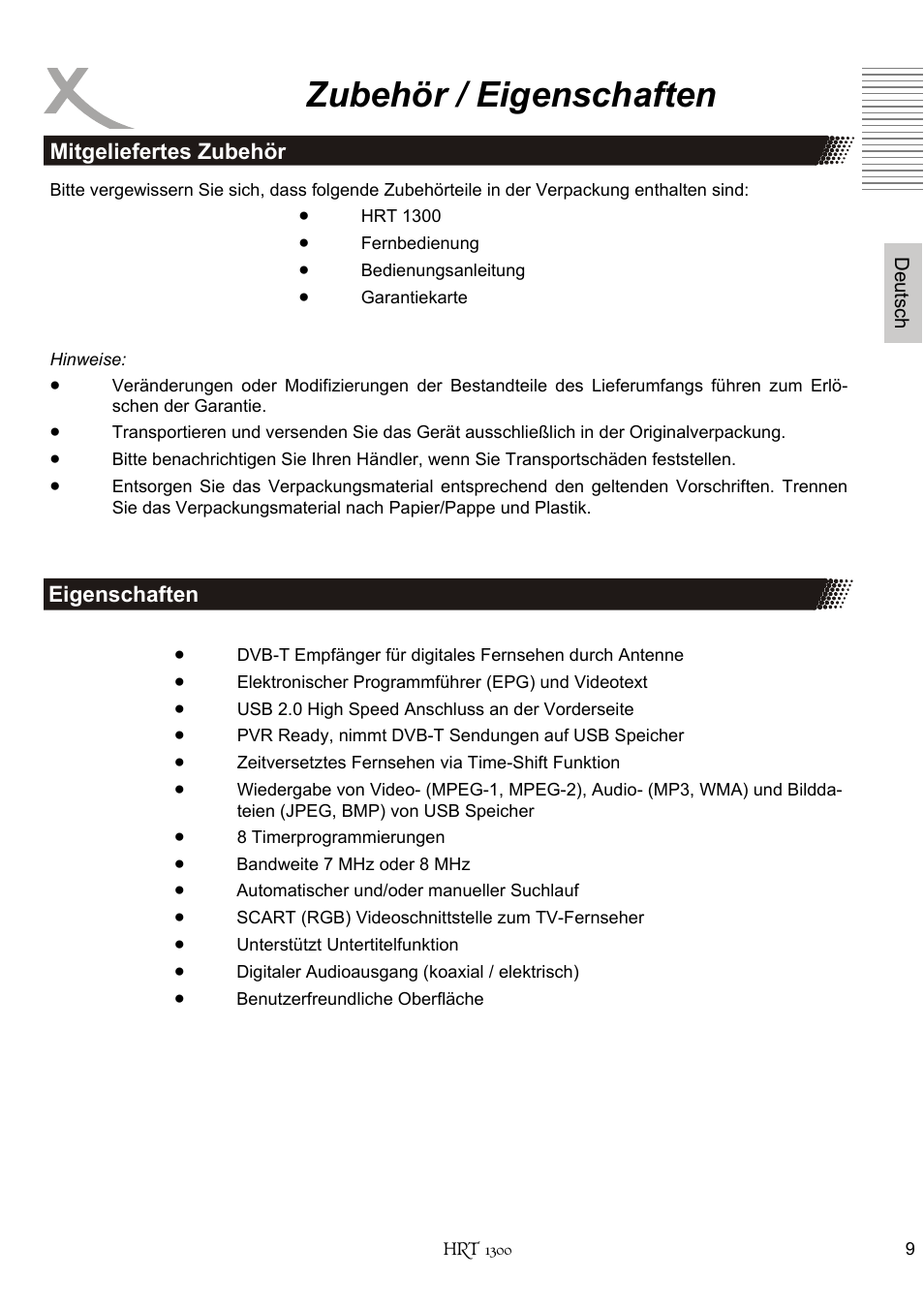 Zubehör / eigenschaften | Xoro HRT 1300 User Manual | Page 9 / 120
