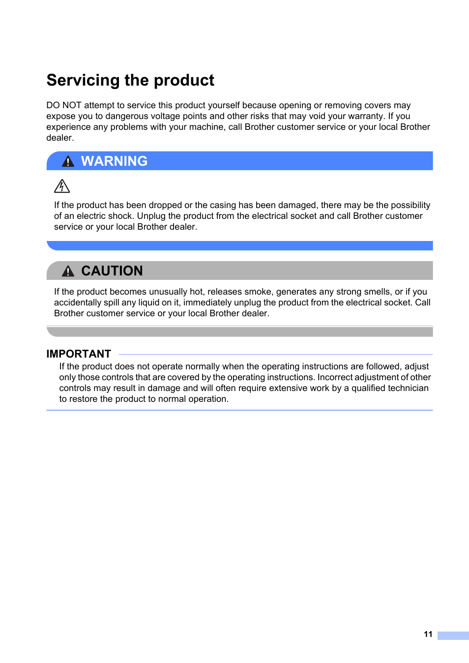 Servicing the product, Warning, Caution | Important | Brother MFC-1810E User Manual | Page 11 / 17