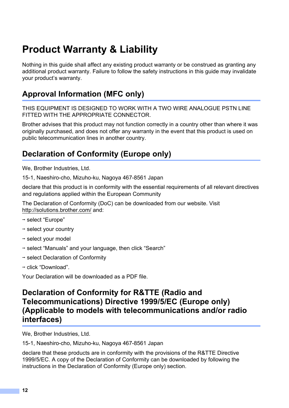 Product warranty & liability, Approval information (mfc only), Declaration of conformity (europe only) | Brother MFC-1810E User Manual | Page 12 / 17