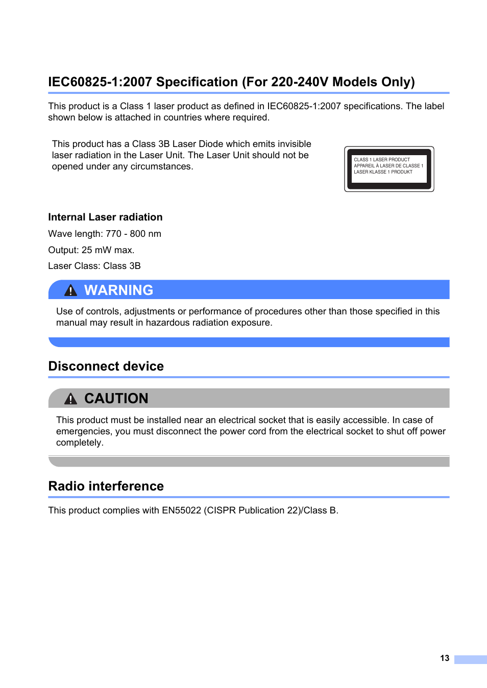 Disconnect device, Radio interference, Warning | Caution, Internal laser radiation | Brother MFC-1810E User Manual | Page 13 / 17