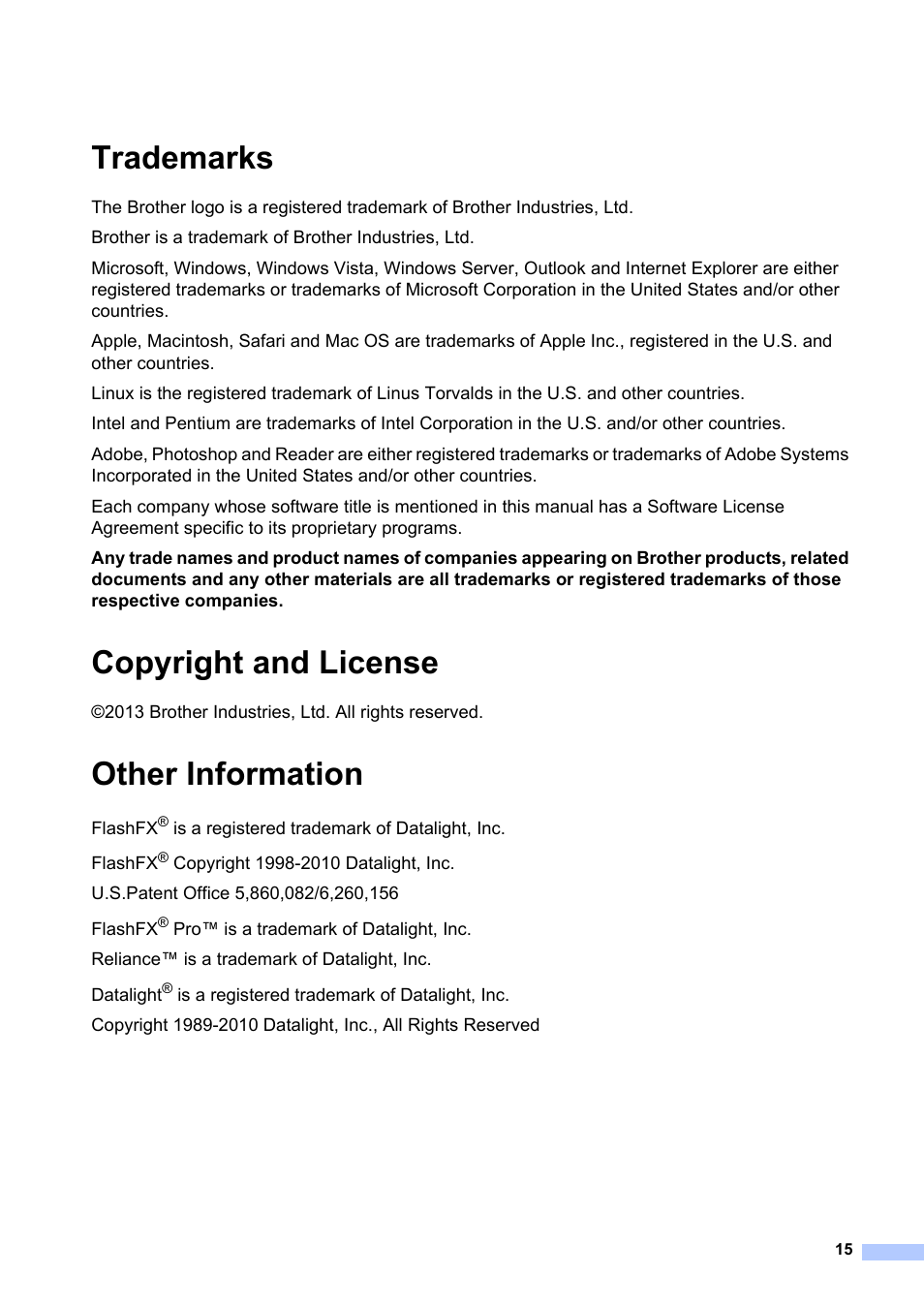 Trademarks, Copyright and license, Other information | Brother MFC-1810E User Manual | Page 15 / 17