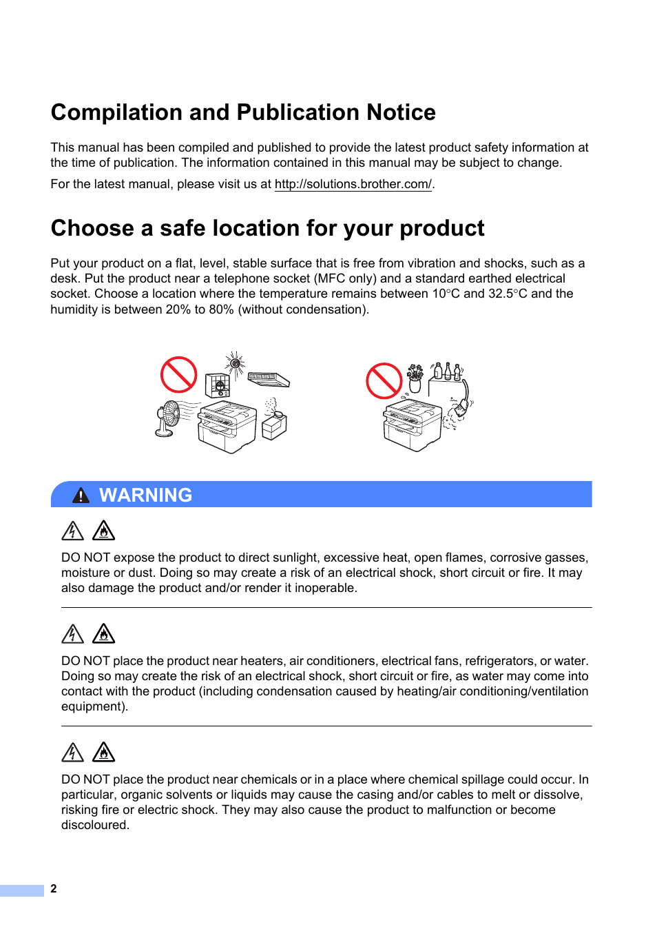 Compilation and publication notice, Choose a safe location for your product, Warning | Brother MFC-1810E User Manual | Page 2 / 17
