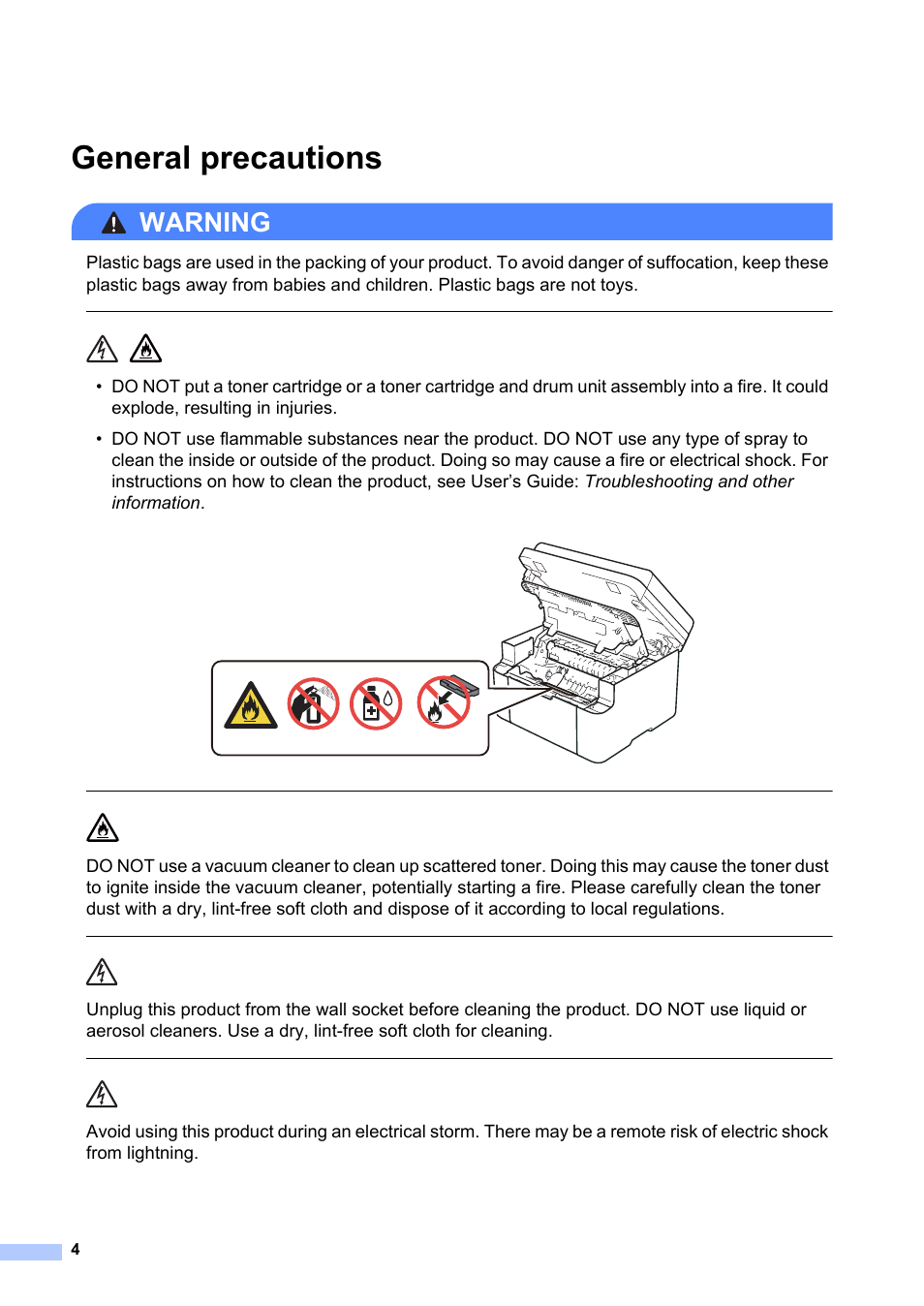 General precautions, Warning | Brother MFC-1810E User Manual | Page 4 / 17