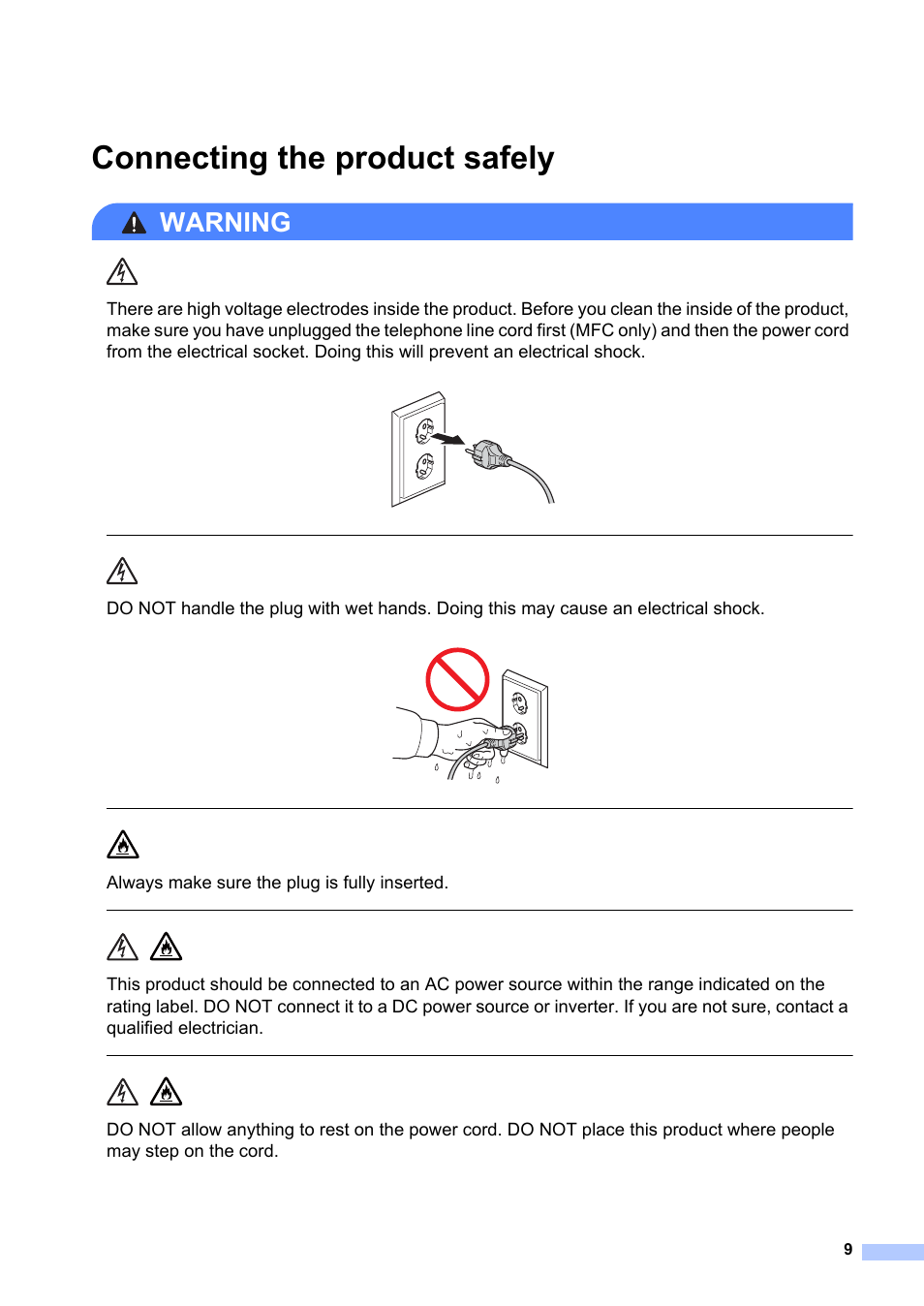Connecting the product safely, Warning, Always make sure the plug is fully inserted | Brother MFC-1810E User Manual | Page 9 / 17
