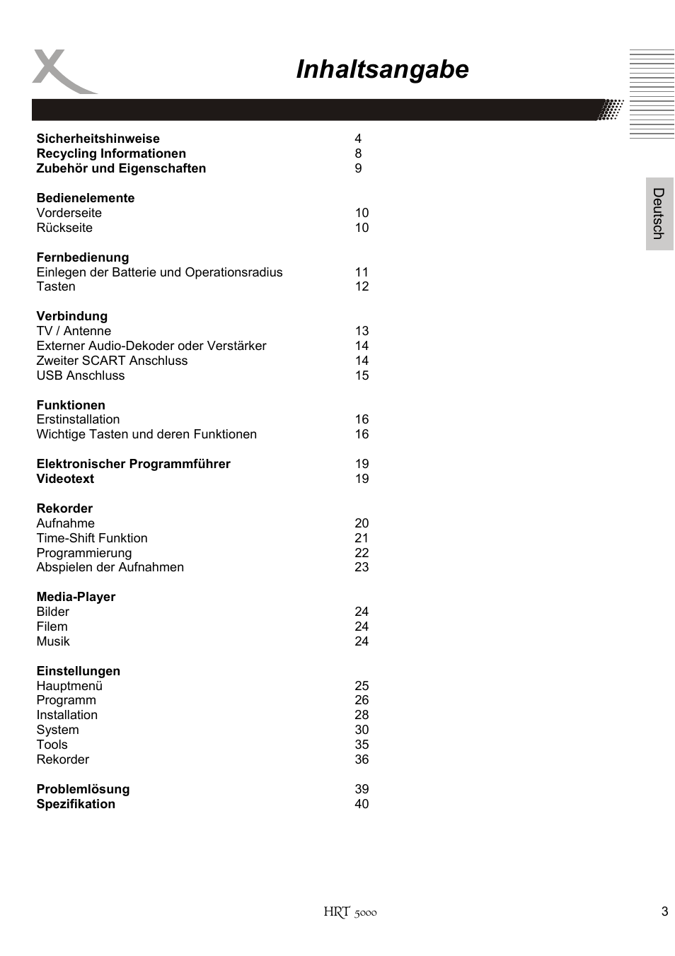 Inhaltsangabe | Xoro HRT 5000 User Manual | Page 3 / 120