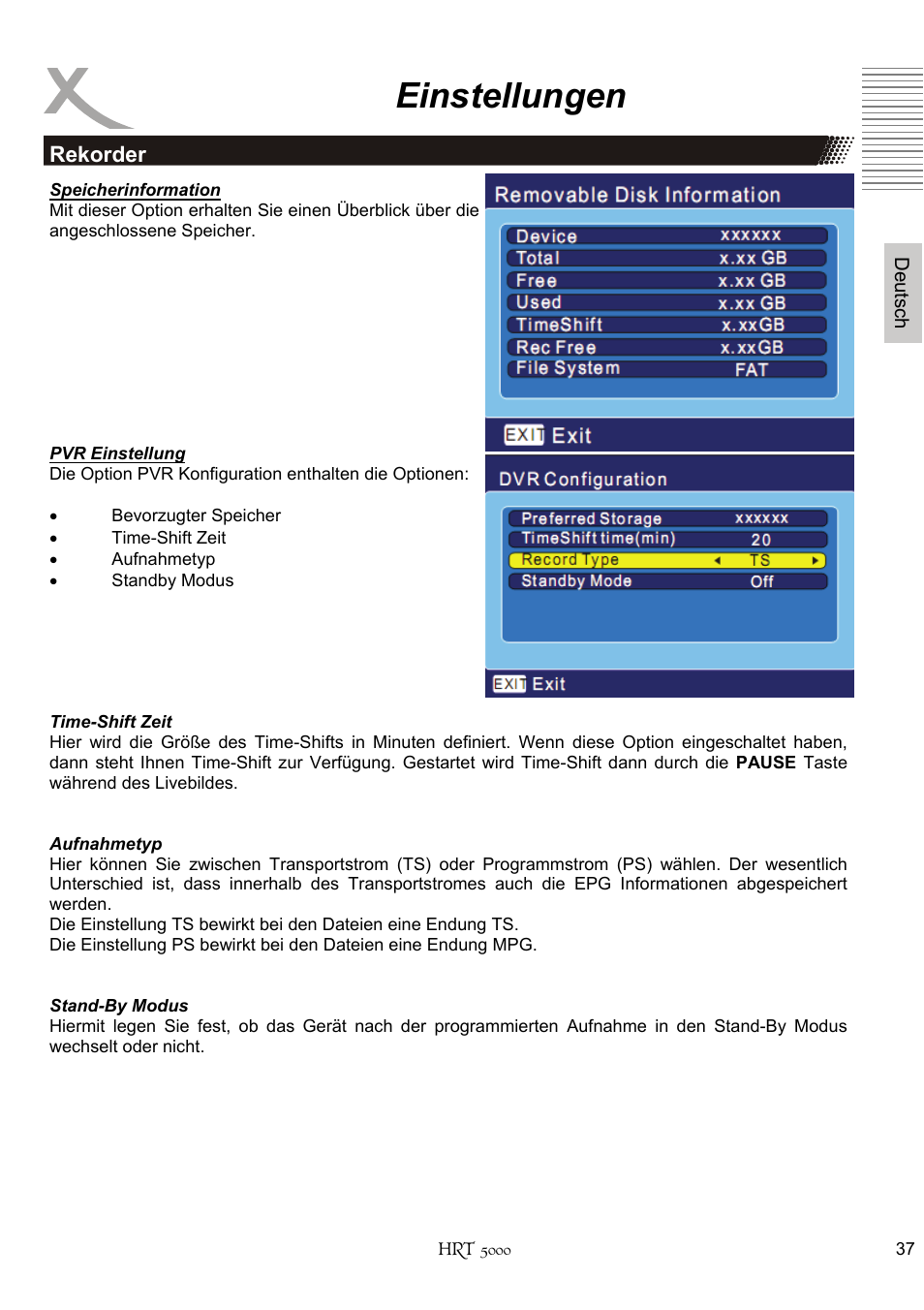 Einstellungen | Xoro HRT 5000 User Manual | Page 37 / 120