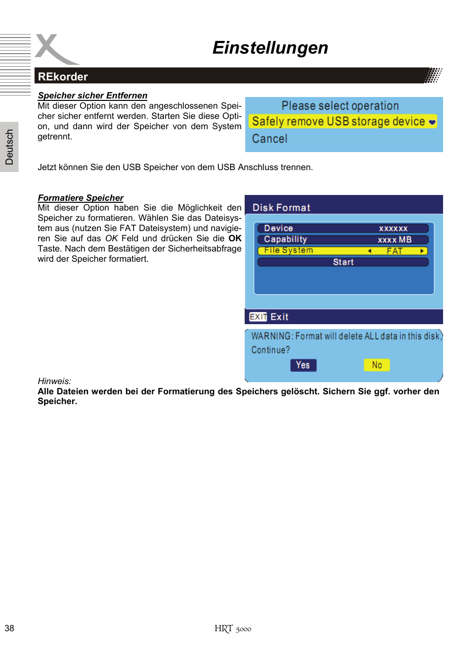 Einstellungen | Xoro HRT 5000 User Manual | Page 38 / 120