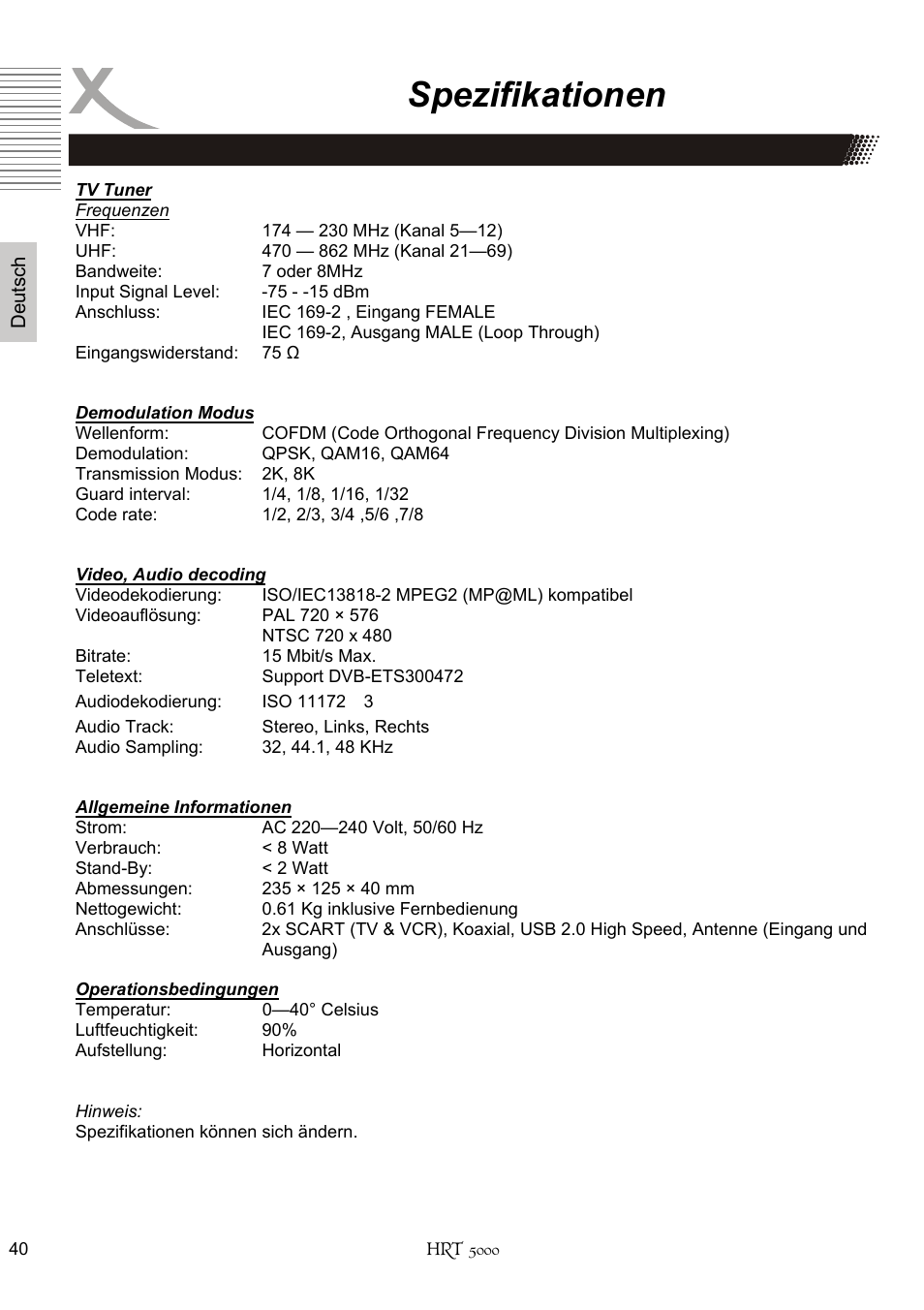 Spezifikationen | Xoro HRT 5000 User Manual | Page 40 / 120