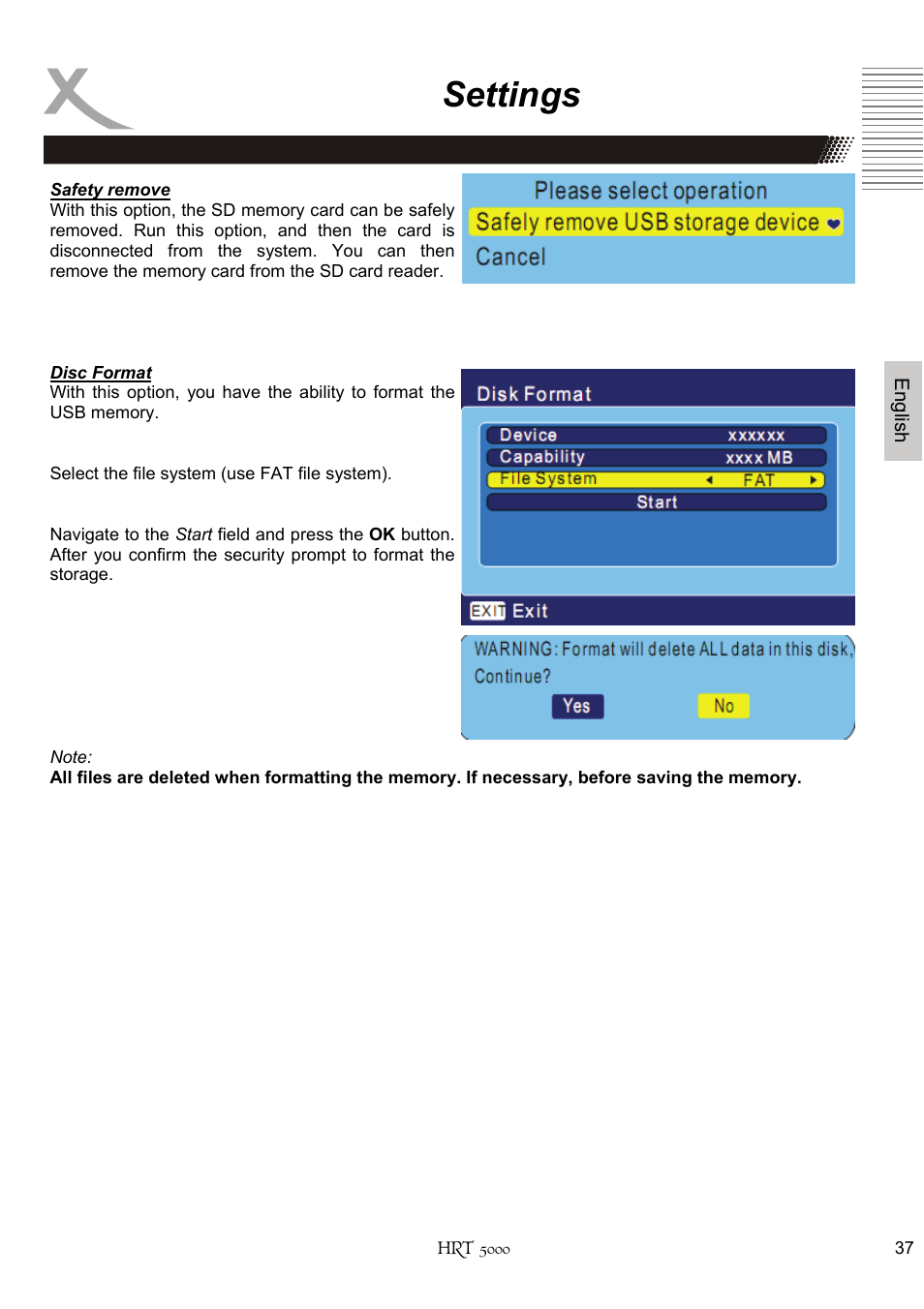 Settings | Xoro HRT 5000 User Manual | Page 77 / 120