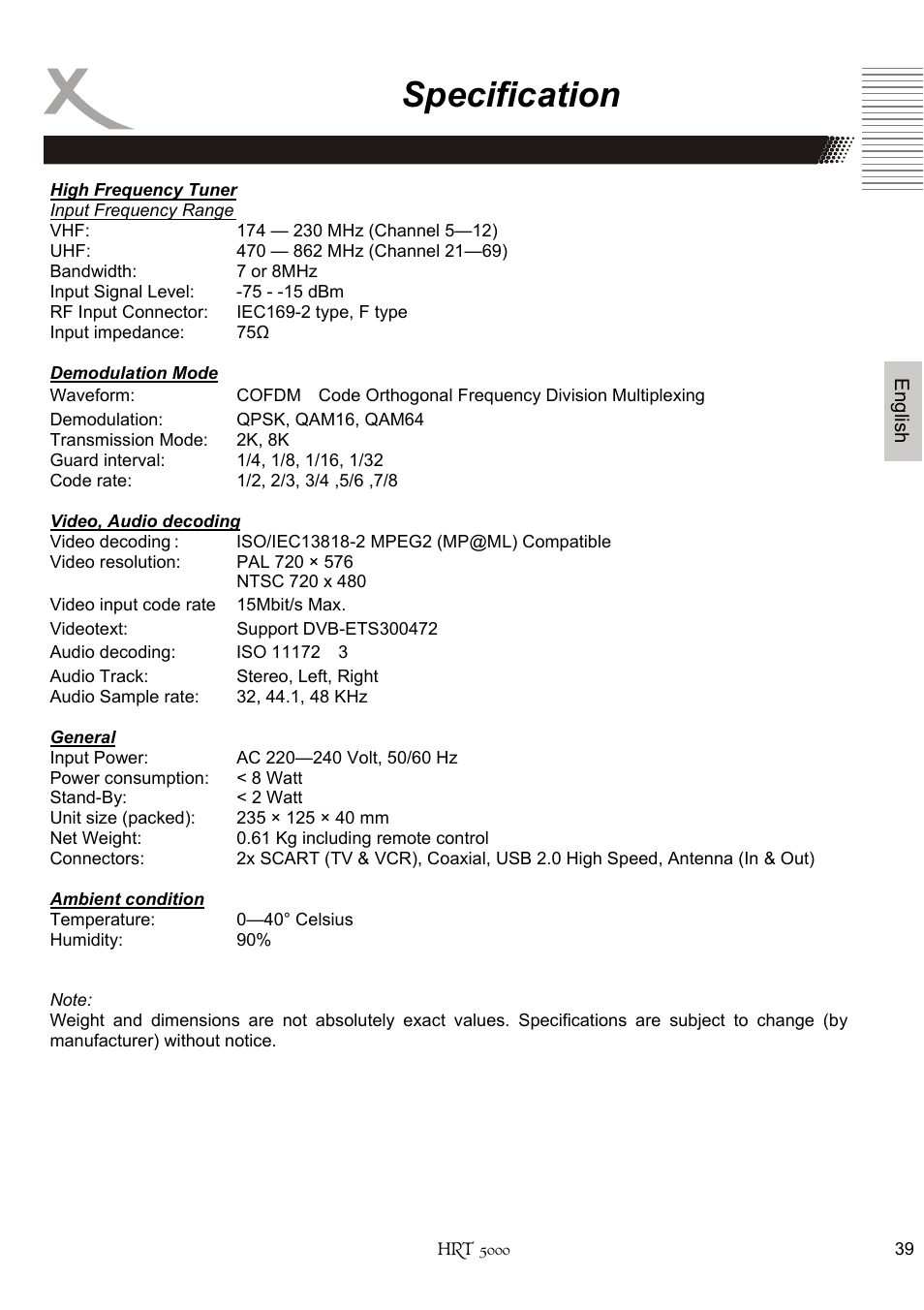 Specification | Xoro HRT 5000 User Manual | Page 79 / 120