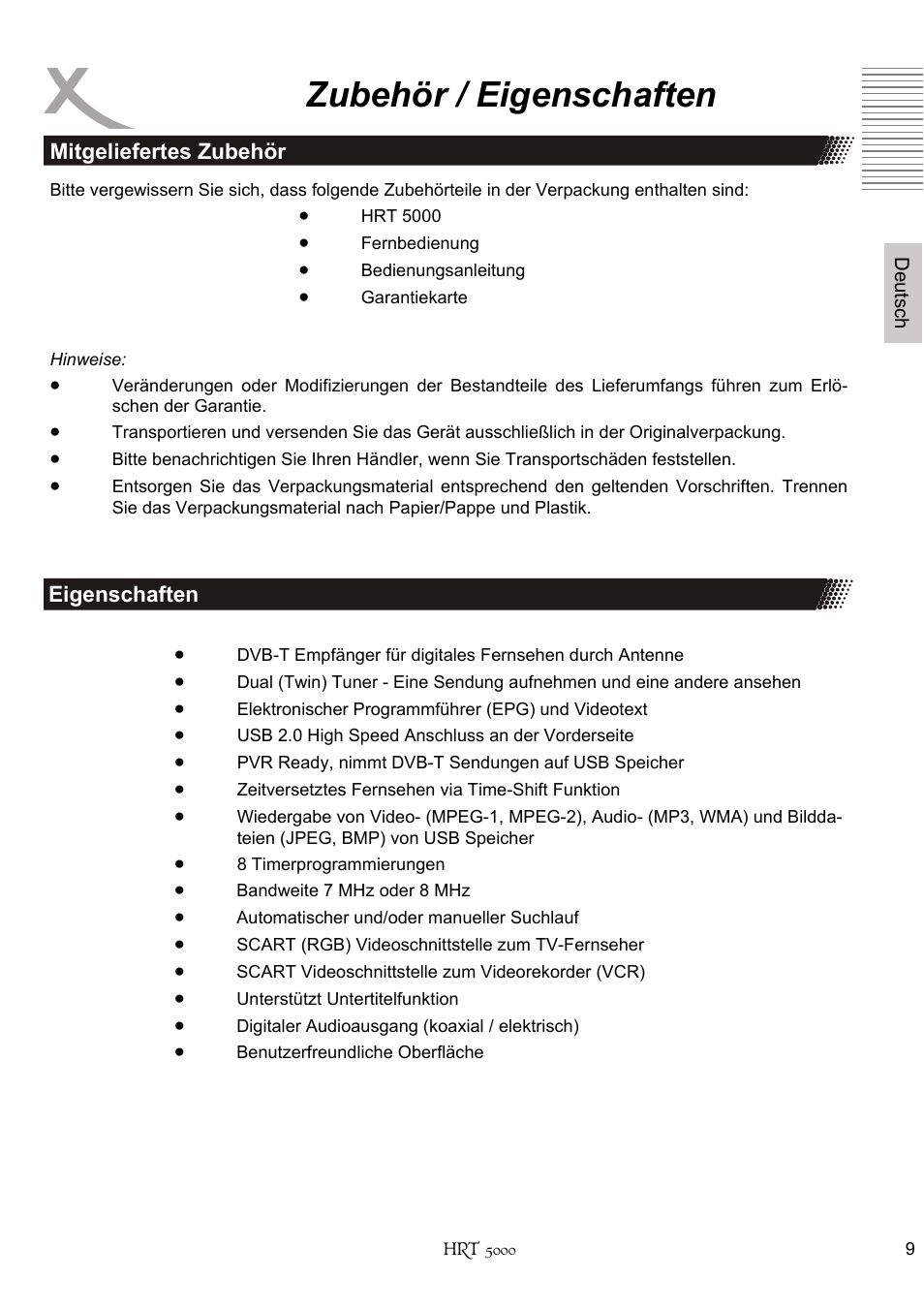 Zubehör / eigenschaften | Xoro HRT 5000 User Manual | Page 9 / 120