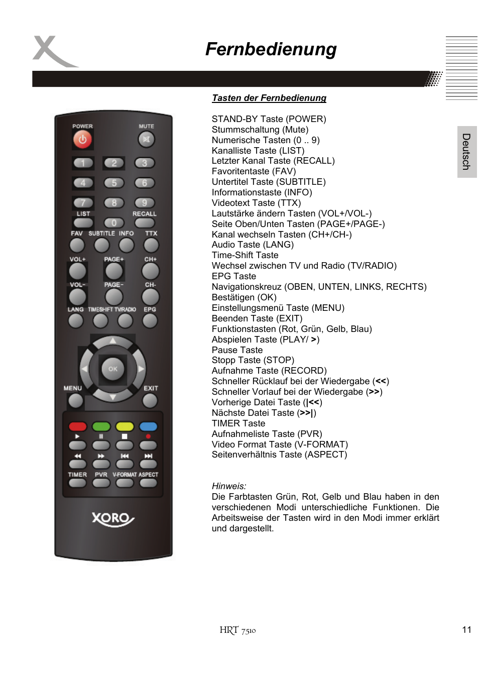 Fernbedienung | Xoro HRT 7510 User Manual | Page 11 / 102