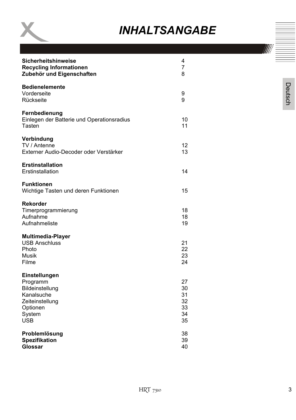 Inhaltsangabe | Xoro HRT 7510 User Manual | Page 3 / 102