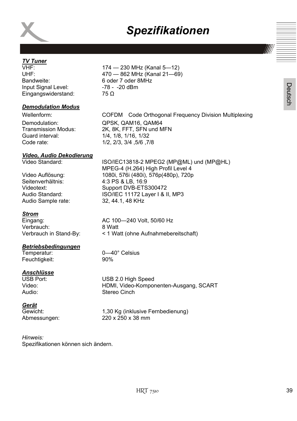 Spezifikationen | Xoro HRT 7510 User Manual | Page 39 / 102