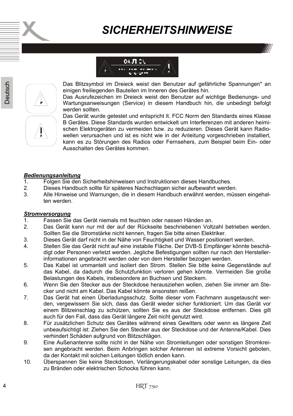 Sicherheitshinweise | Xoro HRT 7510 User Manual | Page 4 / 102