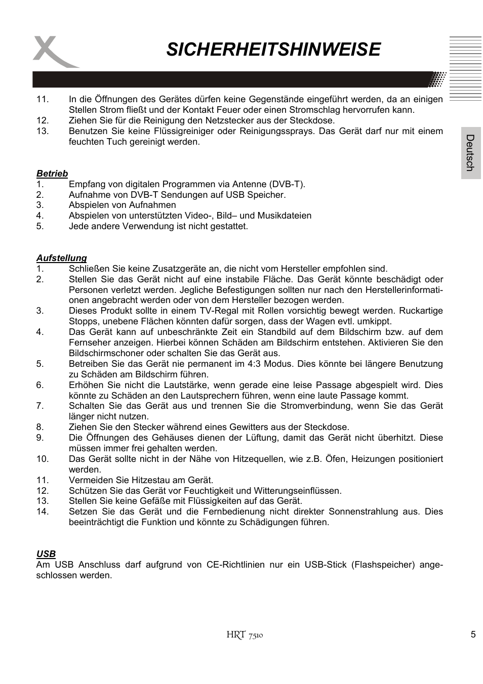 Sicherheitshinweise | Xoro HRT 7510 User Manual | Page 5 / 102