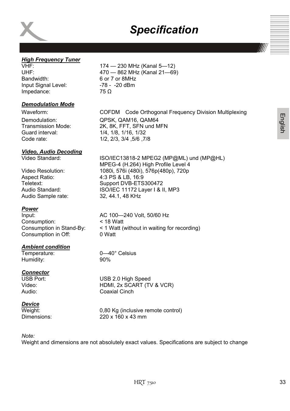 Specification | Xoro HRT 7510 User Manual | Page 73 / 102