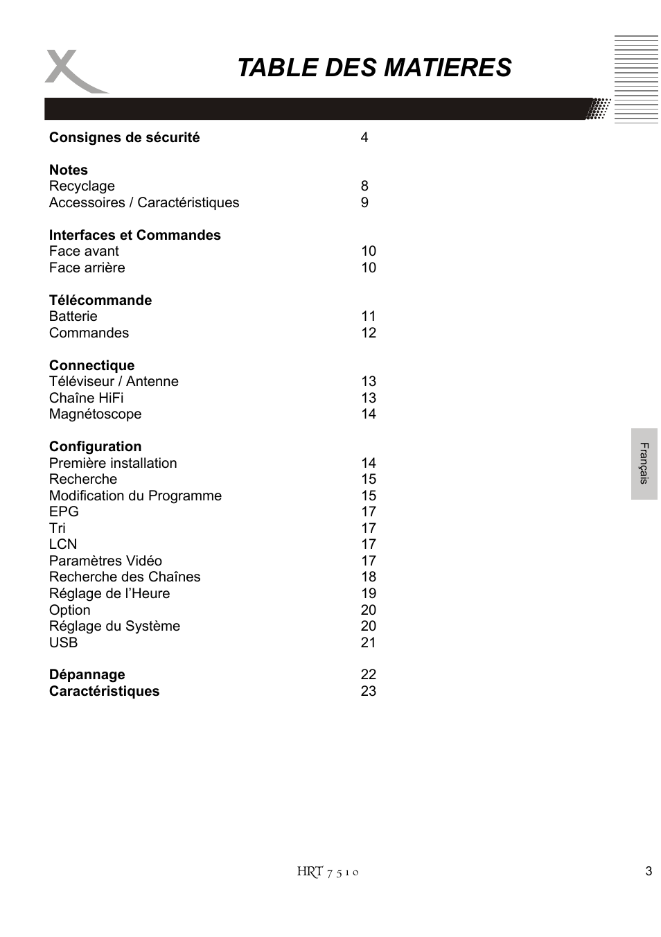 Table des matieres | Xoro HRT 7510 User Manual | Page 77 / 102