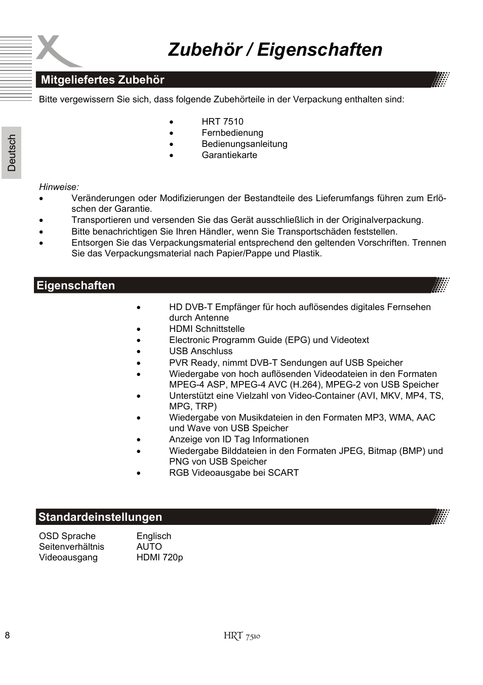 Zubehör / eigenschaften | Xoro HRT 7510 User Manual | Page 8 / 102