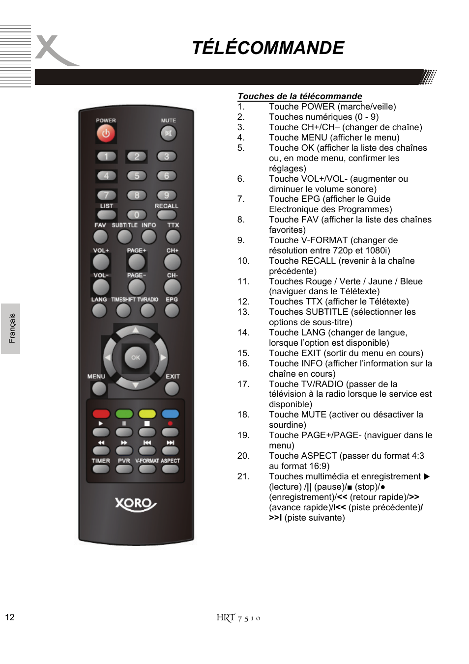Télécommande | Xoro HRT 7510 User Manual | Page 86 / 102