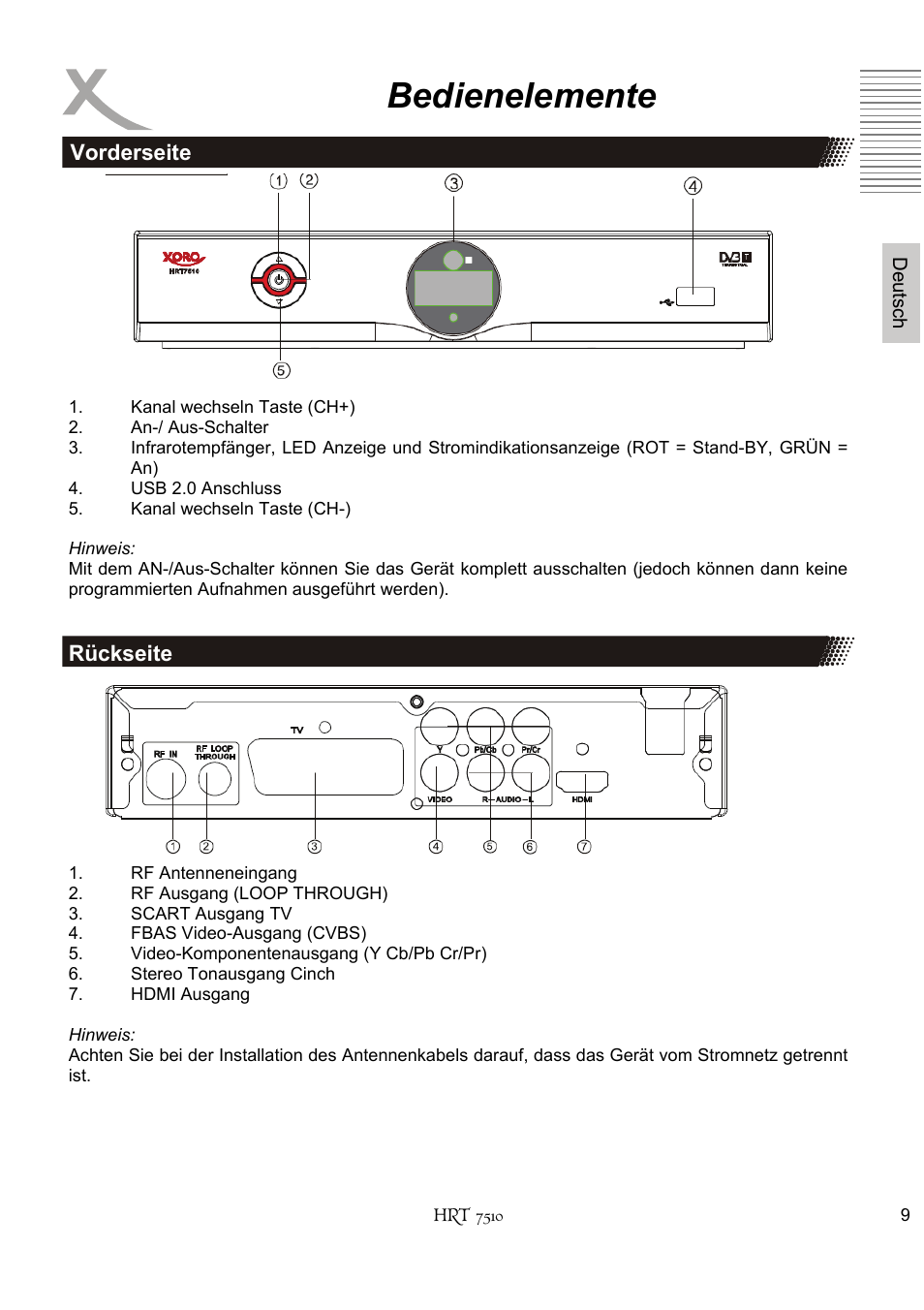 Bedienelemente | Xoro HRT 7510 User Manual | Page 9 / 102