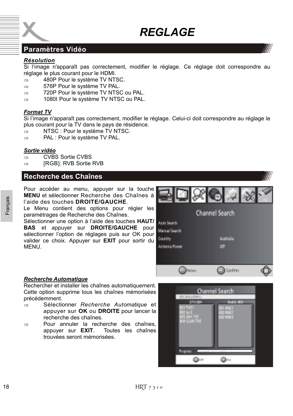Reglage, Recherche des chaînes paramètres vidéo | Xoro HRT 7510 User Manual | Page 92 / 102