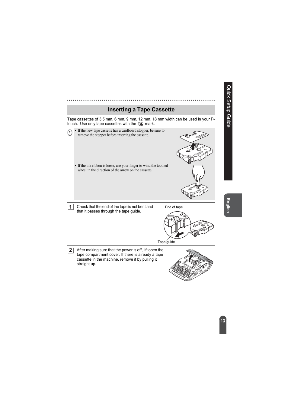 Inserting a tape cassette | Brother PT-2100 User Manual | Page 14 / 92