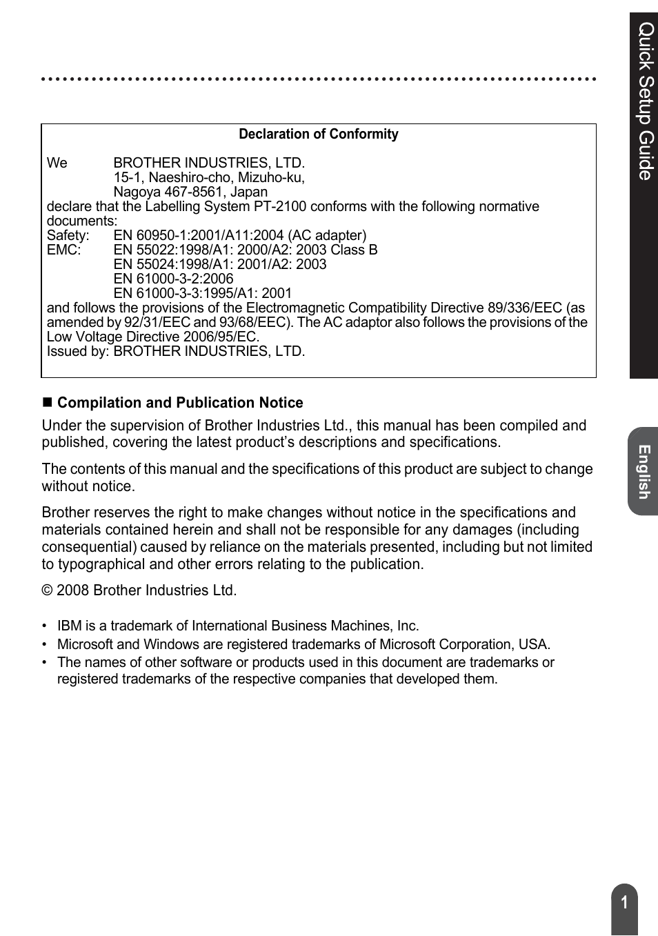 English, Quick setup guide, P. 1 | Brother PT-2100 User Manual | Page 2 / 92