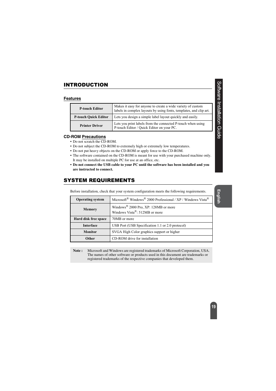 Software installation guide, Introduction, System requirements | Brother PT-2100 User Manual | Page 20 / 92